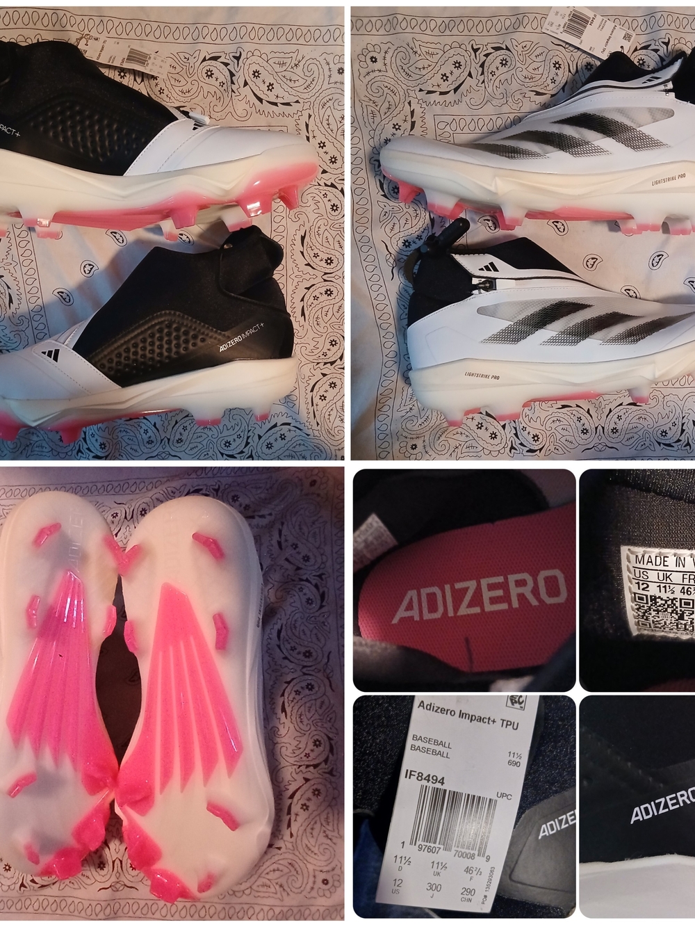 Adidas Adizero Impact Men’s Size 11 Black and White Cleats with Pink Accents